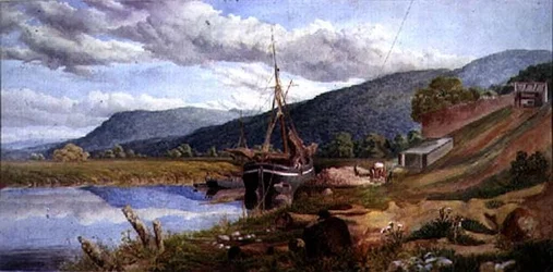 Paysage avec une barge déchargeant